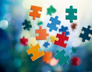 creative colorful puzzle pieces floating in air with soft background