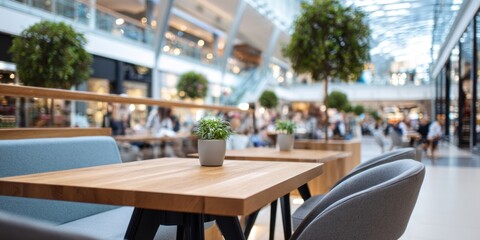 Obraz premium Indoor Cafe with Wooden Tables and Green Plants in Mall.