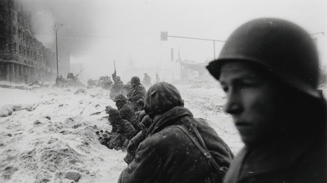 Group of soldiers entrenched in snow during intense winter battle &mdash; black-and-white war image showing exhaustion, focus, and struggle amid ruins and smoke.