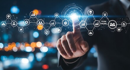 Close up of a person s hand touching a glowing digital network connection silhouette