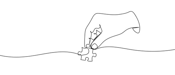 Business service illustration, hand holding jigsaw puzzle, one continuous line. in simple linear style Vector illustration in doodle style Editable stroke.