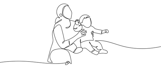 A mother is happily holding her baby, one continuous line. in simple linear style Vector illustration in doodle style Editable stroke.