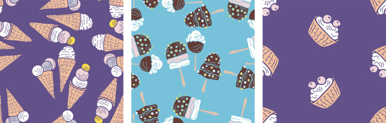 Ice cream seamless patterns, chocolate, glaze, popsicle, cones, delicious dessert, vector background, paper, wallpaper, fabric