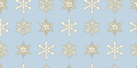Snowflakes decorative drawn, seamless pattern, christmas paper, vector background, wallpaper, wrapper, fabric
