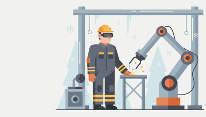 Industrial automation engineer oversees robot welding during winter production