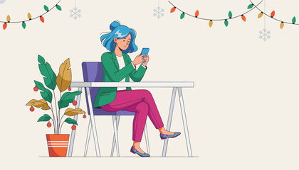 Woman using smartphone at desk with Christmas lights and holiday decorations