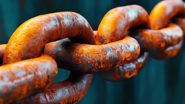 Detailed macro of weathered, rusty orange metal chain links against a dark, blurred background