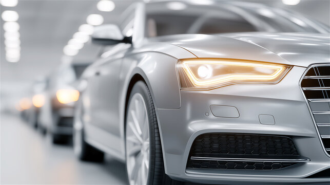 Close-up of modern white car in row of vehicles, concept of automotive design, technology and transportation. - Powered by Adobe