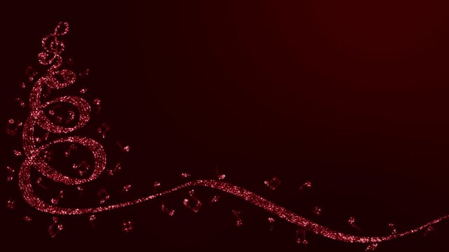 A key appears on a red background, a sheet music mill appears in a curl and notes appear . Animation of an abstract musical Christmas tree .