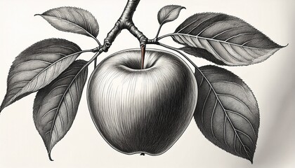 detailed pencil sketch of an apple on a branch with leaves