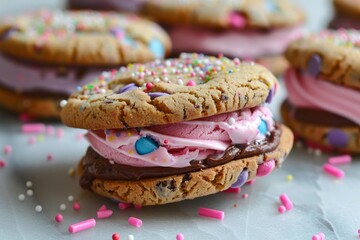 Two chocolate chip cookies filled with pink ice cream and chocolate spread, decorated with colorful sprinkles, create a delicious ice cream sandwich