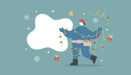 Handyman tangled in Christmas lights illustration with copy space for winter holiday service or promotions