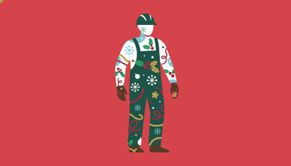Holiday construction worker in festive overalls and hard hat