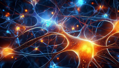 close up of neuron network with glowing orange and blue synapses