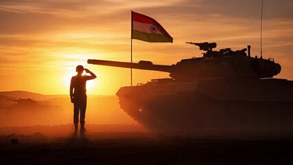 Vijay Diwas Commemoration: Soldier With Indian Flag Beside Tank Under Sunset