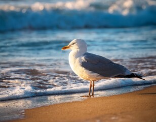 Obraz premium a seagull stands gracefully on a sandy beach near the ocean basking in the sunlight the coastal scenery is highlighted with waves