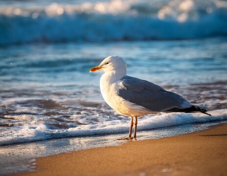 a seagull stands gracefully on a sandy beach near the ocean basking in the sunlight the coastal scenery is highlighted with waves - Powered by Adobe