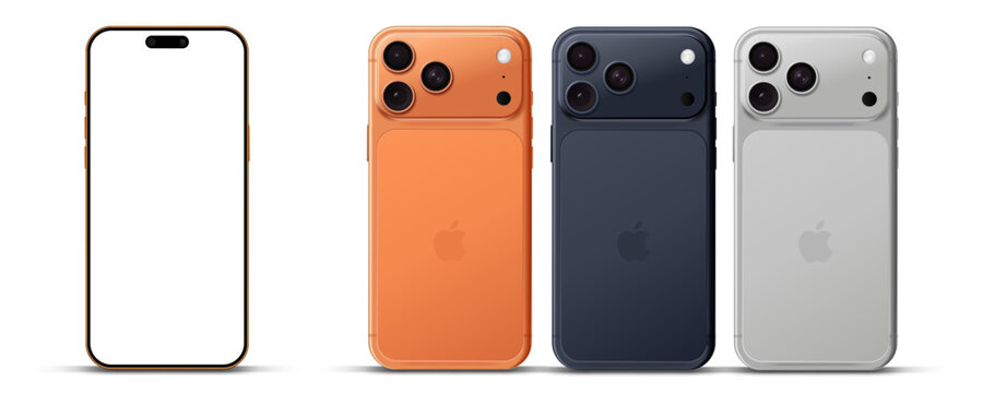 Istanbul, Turkey - November 4, 2025: New iPhone 17 Pro with color options. Silver, Cosmic Orange and Deep Blue colors. Smartphone 3D mockup screen front view iphone with white blank screens