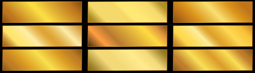 Vector set of gold gradients. Collection of golden squares. golden metal palette.