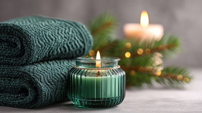 Cozy green towels and scented candle with pine branches on grey background  