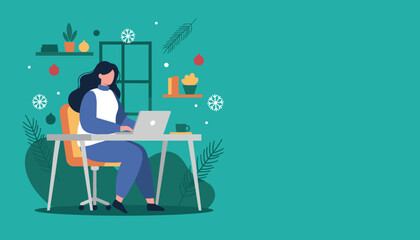 Woman works on laptop at home office decorated for winter holidays