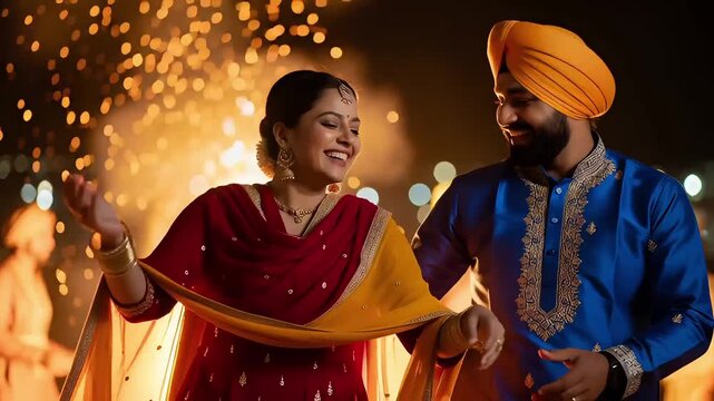 Joyful Indian Couple Dancing at Night Wedding Celebration