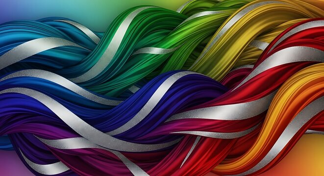 Vibrant abstract intertwining colorful strands with metallic silver ribbons creating a dynamic and textured visual composition. - Powered by Adobe
