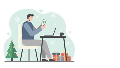 Seasonal online purchase Man shopping via mobile app near Christmas gifts and tree