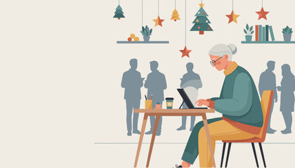 Senior woman working on a laptop at a decorated office desk during the holiday season