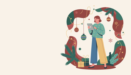 Woman using tablet for online Christmas shopping surrounded by festive gifts and decor