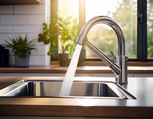 close up of modern chrome kitchen faucet with running water stream over sink bright natural light coming from window in background