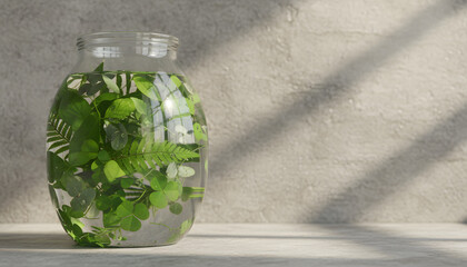 Minimal Eco Concept with Glass Jar and Green Leaves