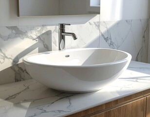 Fototapeta premium A glossy white bowl sink sits on a marble countertop in a modern bathroom space