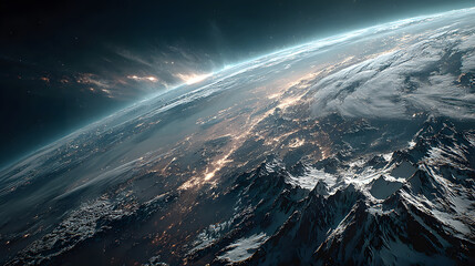 Fototapeta premium A futuristic satellite collecting climate data from Earth with glowing interface overlays.