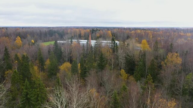 Valka, Latvia - October 29, 2025: Aerial view of autumn forest transitioning to industrial building with chimney, camera zooms in on structure