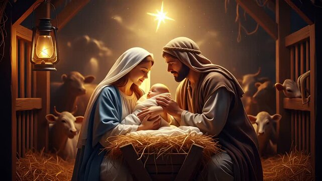 Nativity Scene With Baby Jesus In Manger &ndash; Mary And Joseph Beside Adoring Shepherds