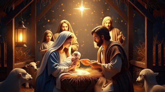 Nativity Scene With Baby Jesus In Manger &ndash; Mary And Joseph Beside Adoring Shepherds