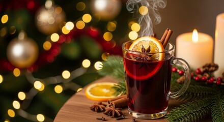 Glass of mulled wine with spices and orange slice on wooden table  