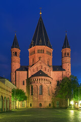Mainz, Germany. Eastern facade of Mainz Cathedral or St. Martin's Cathedral in dusk. The cathedral was founded in 975-976.