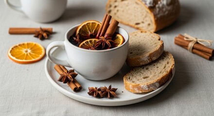 Fototapeta premium Warm beverage with spices and orange slices served with bread 
