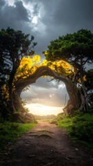 Obraz premium Twisted trees forming arch on path to magical golden light