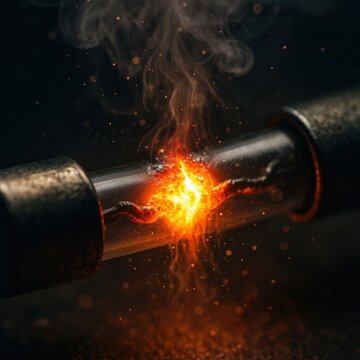 Blown electrical fuse glowing with heat and sparks