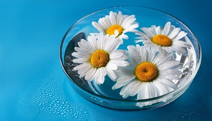 fresh daisies in a glass bowl with water droplets on a blue background © Kathleen