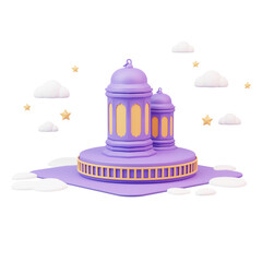 3D Render of Ramadan Lanterns with Clouds and Stars