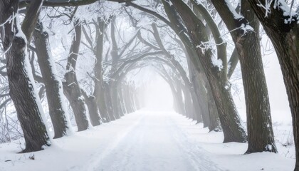 Obraz premium Snowy path tunneling through winter forest trees