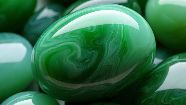 Close-up of polished green gemstones with swirling patterns and reflections smooth round
