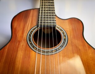 Obraz premium close up view of the strings and bridge on an acoustic guitar