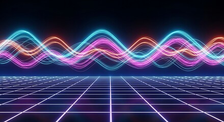 Abstract digital illustration of colorful glowing wave patterns above a grid, futuristic design.