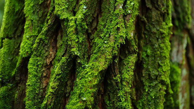 Close-up of rough tree bark covered in vibrant green moss image photo