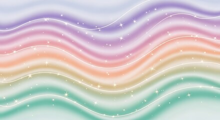 Abstract background of flowing pastel rainbow waves with a silky texture and sparkling glitter.